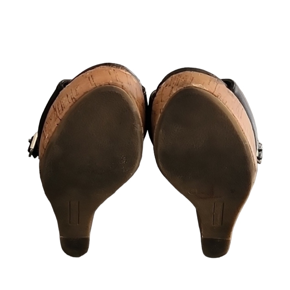 AEO AMERICAN EAGLE Slingback Cork Wedge Sandals 8.5 Pebbled Black Vegan Leather - Picture 10 of 16